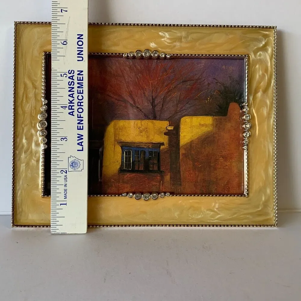 Yellow Gold Enamel Picture Frame Silver Beaded Border Rhinestones 5x7 Adobe